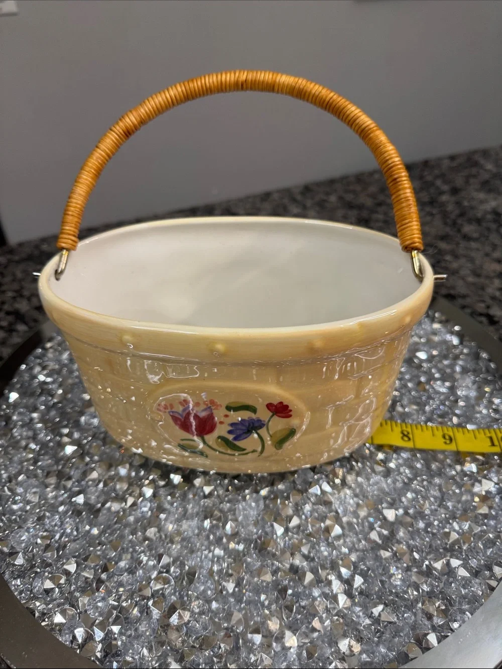 Pfaltzgraff vintage Ceramic Basket Planter with Floral Motif and Woven Handle